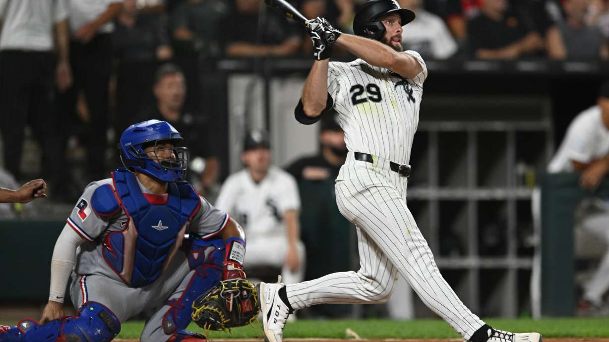 Chicago White Sox's Tristan Peters watches his two-run home during the fifth inning of a baseball game against the Texas Rangers in Chicago, Wednesday, Aug. 26, 2026.