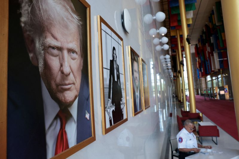 An official portrait of President Donald Trump hangs in the Hall of Nations at the Kennedy Center, which the Trump administration argued in a court filing could eventually face demolition if major repairs are not undertaken, in Washington, D.C., Wednesday.