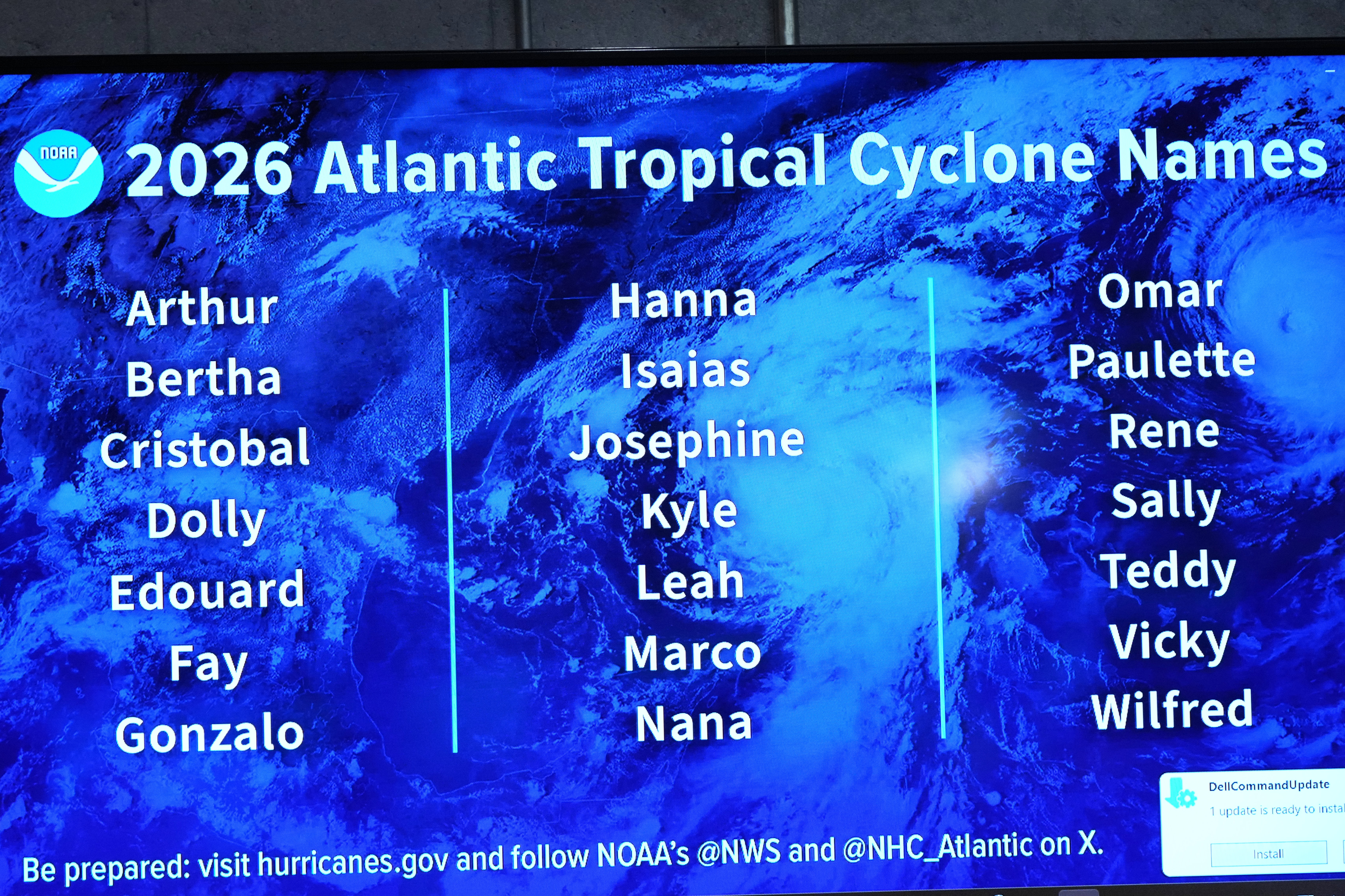FILE - The 2026 Atlantic Tropical Cyclone Names are displayed at the National Hurricane Center on the first day of hurricane season, June 1, 2026, in Miami. 