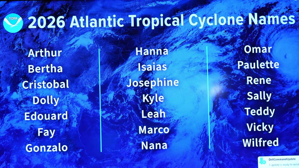 FILE - The 2026 Atlantic Tropical Cyclone Names are displayed at the National Hurricane Center on the first day of hurricane season, June 1, 2026, in Miami.