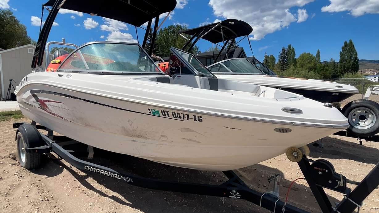 Boats line the shore at Rendezvous Beach at Bear Lake State Park in Laketown, northern Utah.