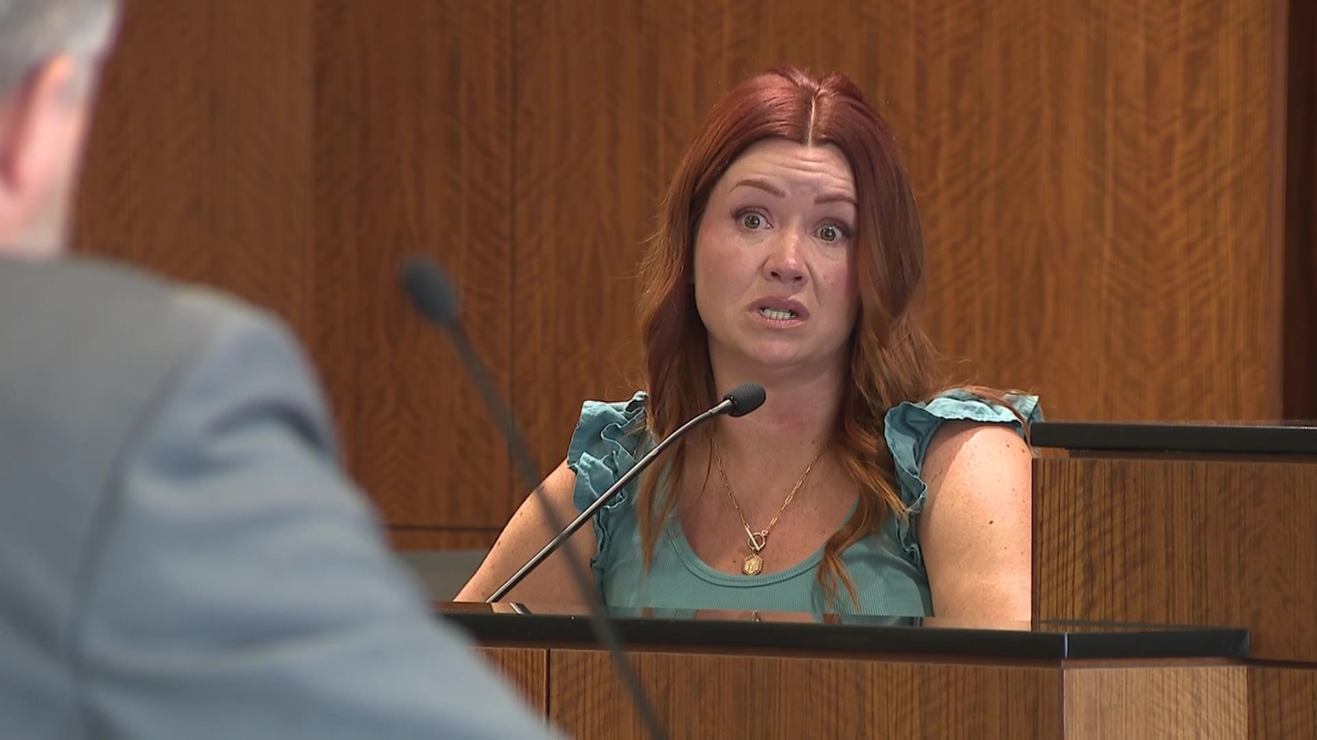 Melissa Anger is pictured on the stand in court Wednesday, speaking with defense attorney for Douglas Carter, who is her father-in-law.