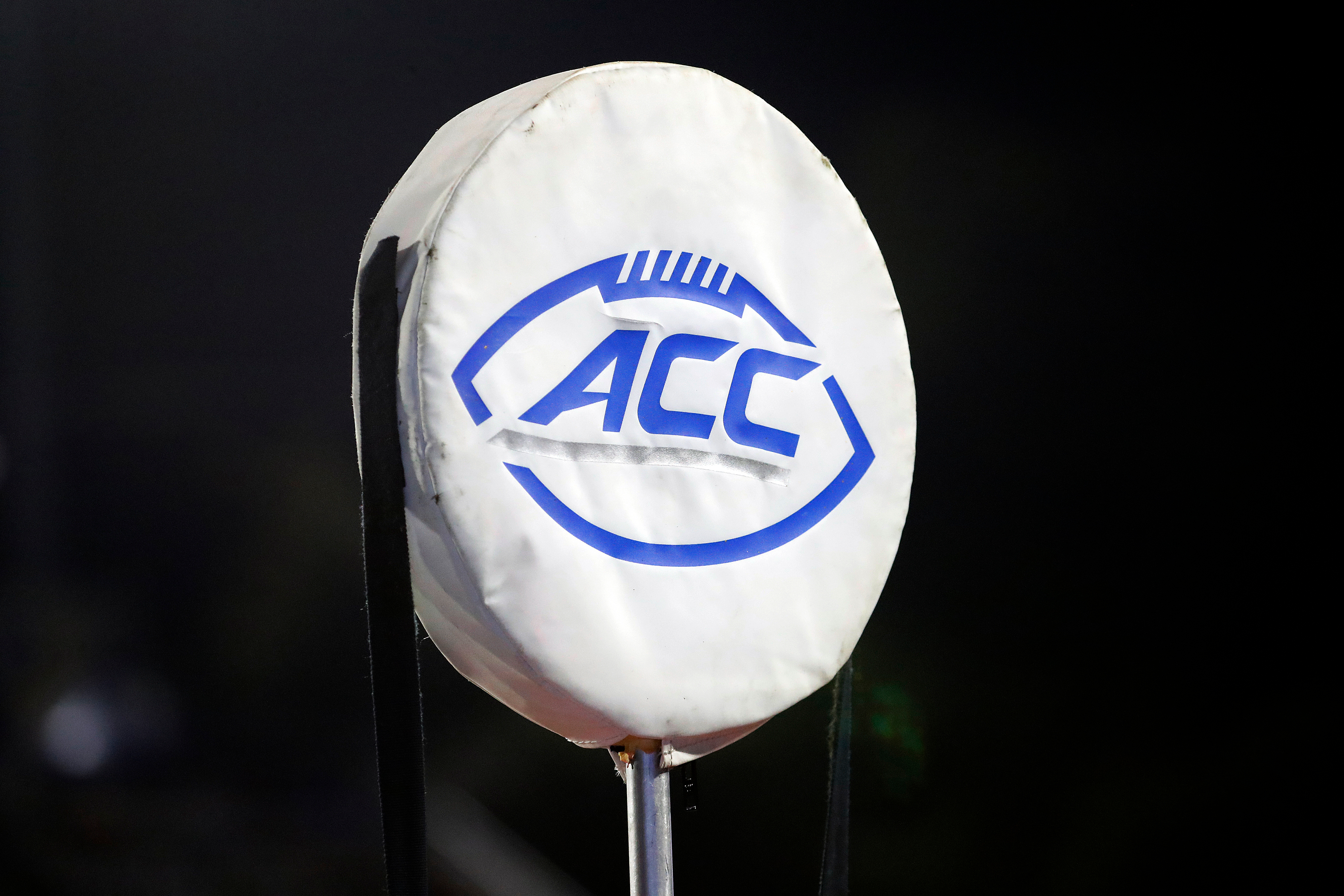 FILE - The ACC logo sits atop the chain marker during the second half of an NCAA college football game between Duke and North Carolina A&T in Durham, N.C., Sept. 7, 2019. 