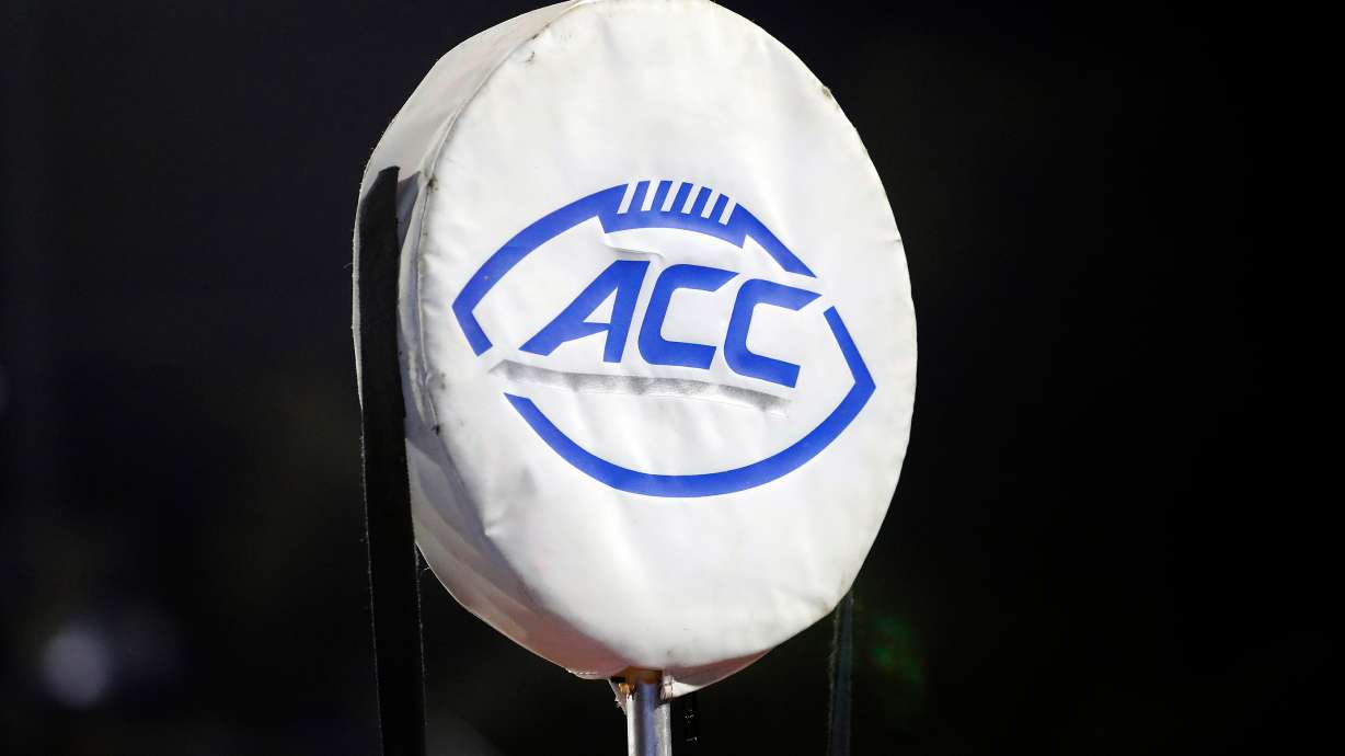 FILE - The ACC logo sits atop the chain marker during the second half of an NCAA college football game between Duke and North Carolina A&T in Durham, N.C., Sept. 7, 2019.