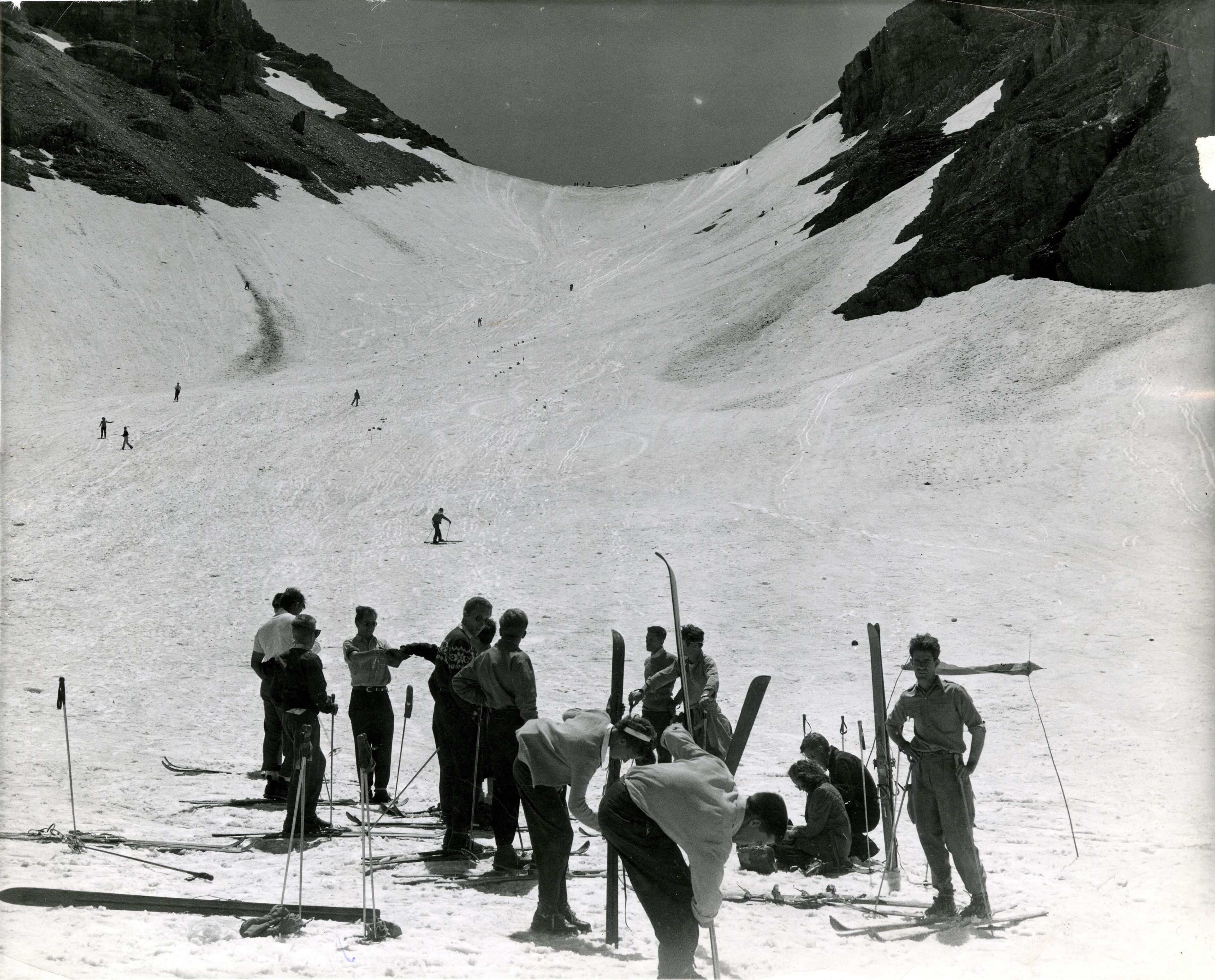 A photo is documented in the University of Utah and BYU archives on Mount Timpanogos during a ski season.