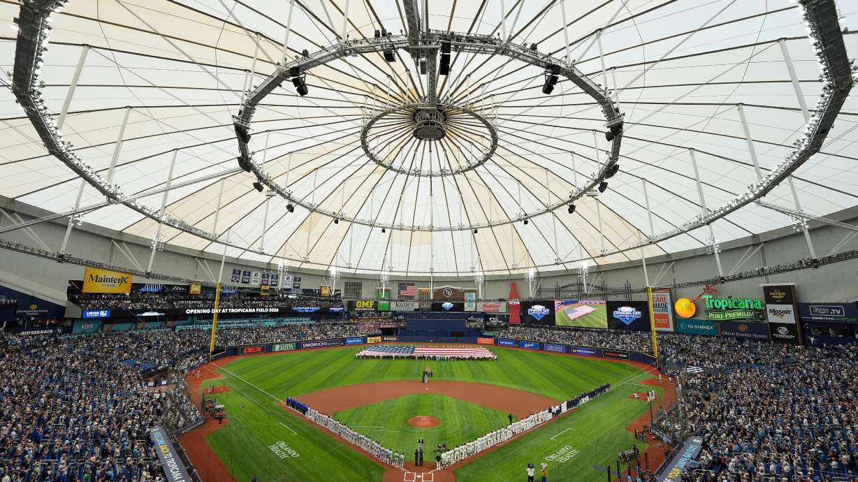 FILE - Players from the Chicago Cubs and Tampa Bay Rays are introduced before a baseball game Monday, April 6, 2026, in St. Petersburg, Fla.
