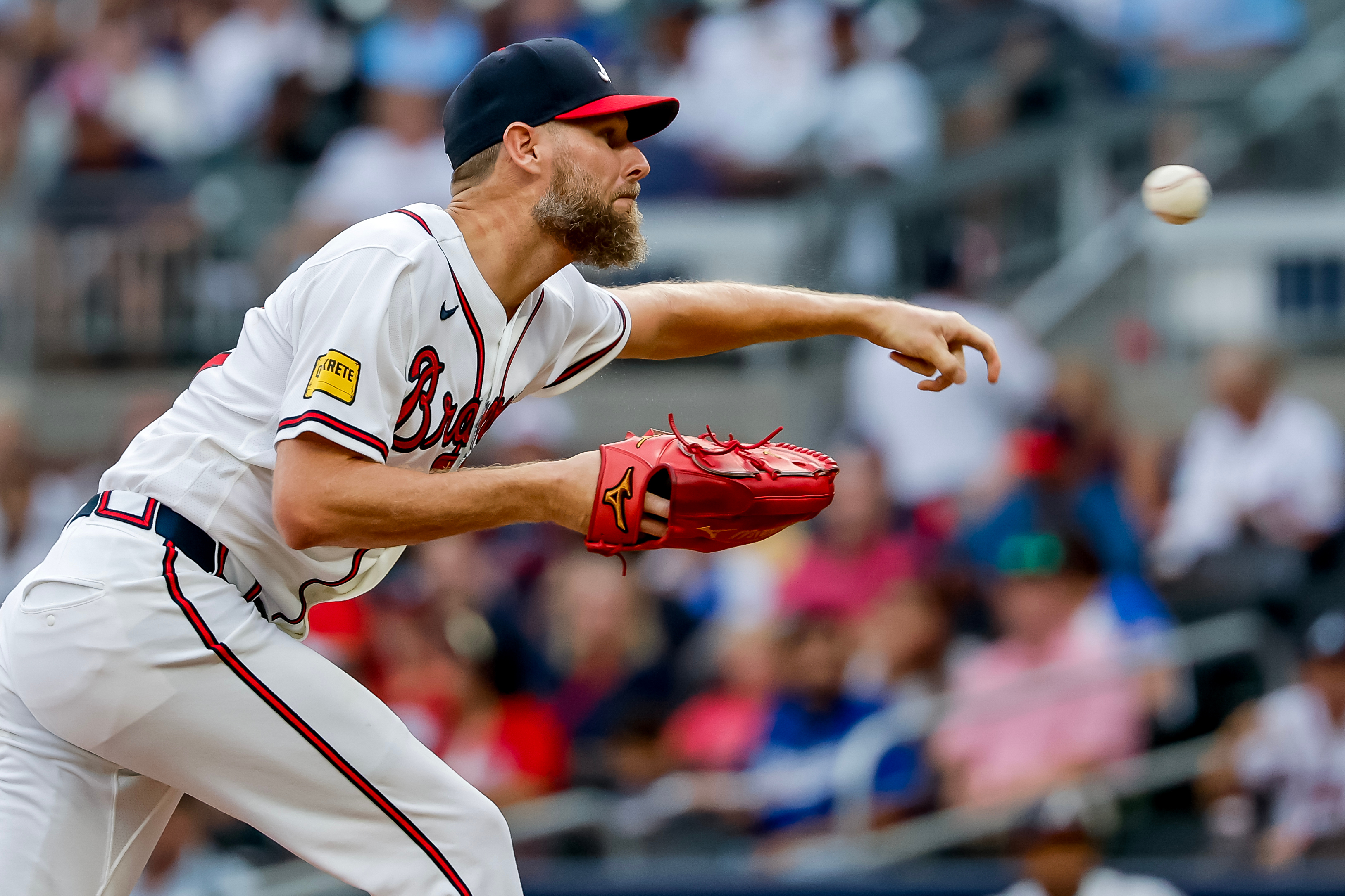 Atlanta Braves pitcher Chris Sale delivers to a Los Angeles Dodgers batter during the first inning of a baseball game, Thursday, Aug. 27, 2026, in Atlanta. 