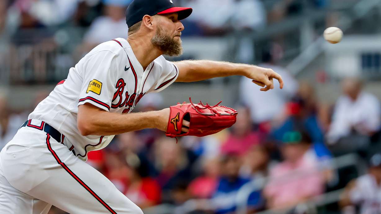 Atlanta Braves pitcher Chris Sale delivers to a Los Angeles Dodgers batter during the first inning of a baseball game, Thursday, Aug. 27, 2026, in Atlanta.