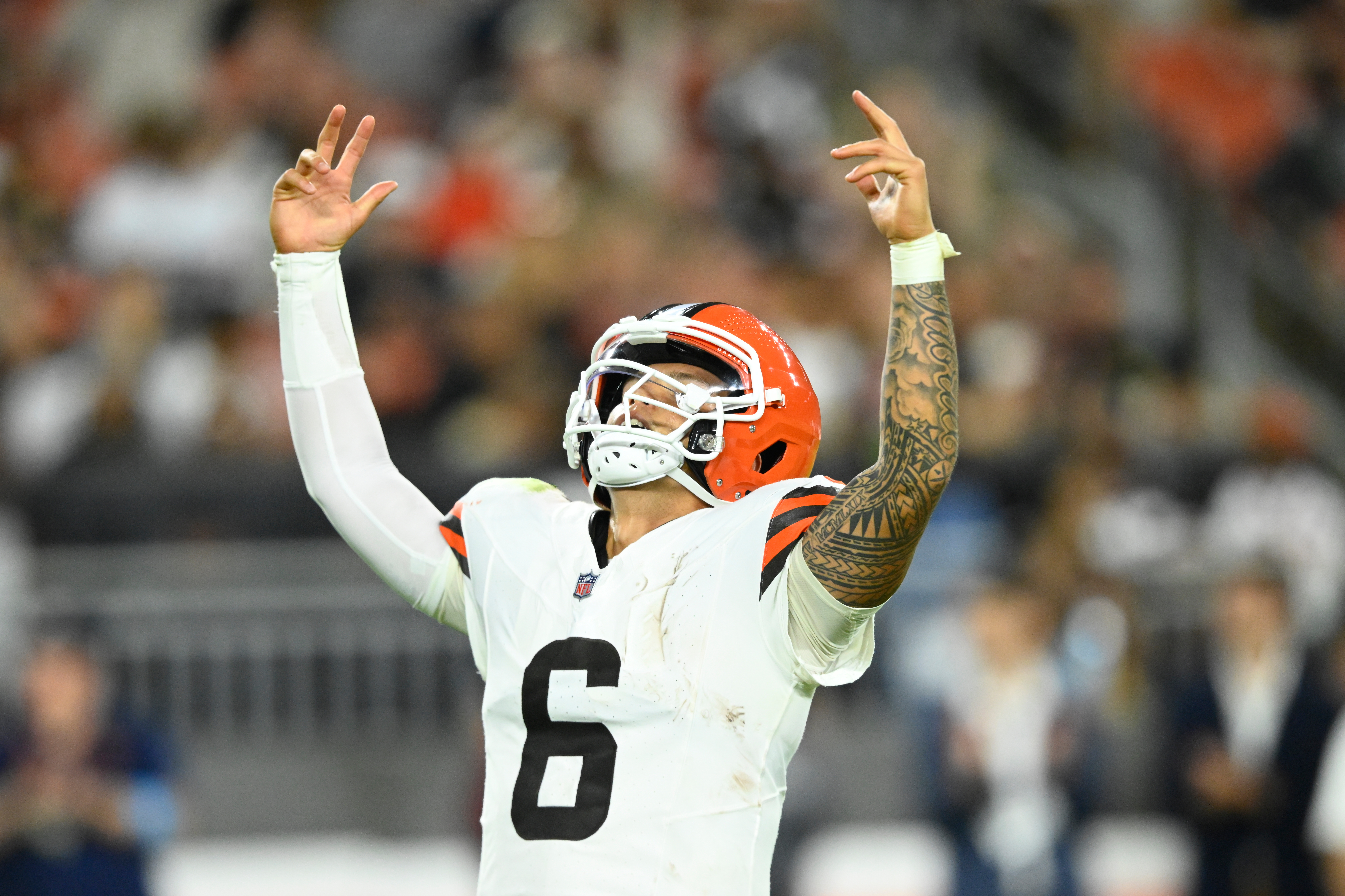 Cleveland Browns quarterback Dillion Gabriel celebrates after throwing a touchdown pass against the New England Patriots during the first half of a preseason NFL football game Thursday, Aug. 27, 2026, in Cleveland. 