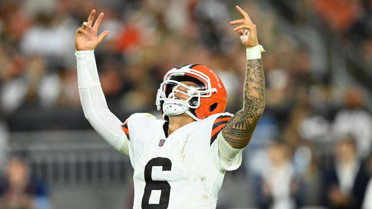Cleveland Browns quarterback Dillion Gabriel celebrates after throwing a touchdown pass against the New England Patriots during the first half of a preseason NFL football game Thursday, Aug. 27, 2026, in Cleveland.