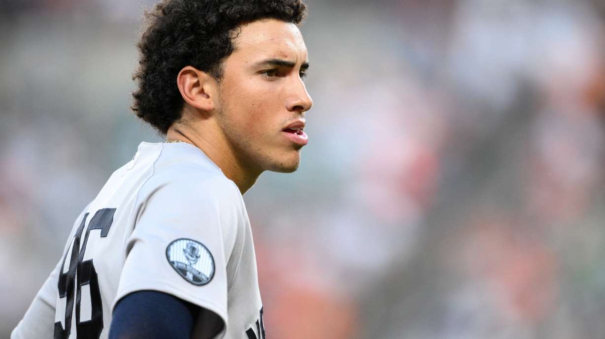 New York Yankees' George Lombard Jr. looks on during the second inning of a baseball game against the Baltimore Orioles, Thursday, Aug. 20, 2026, in Baltimore.