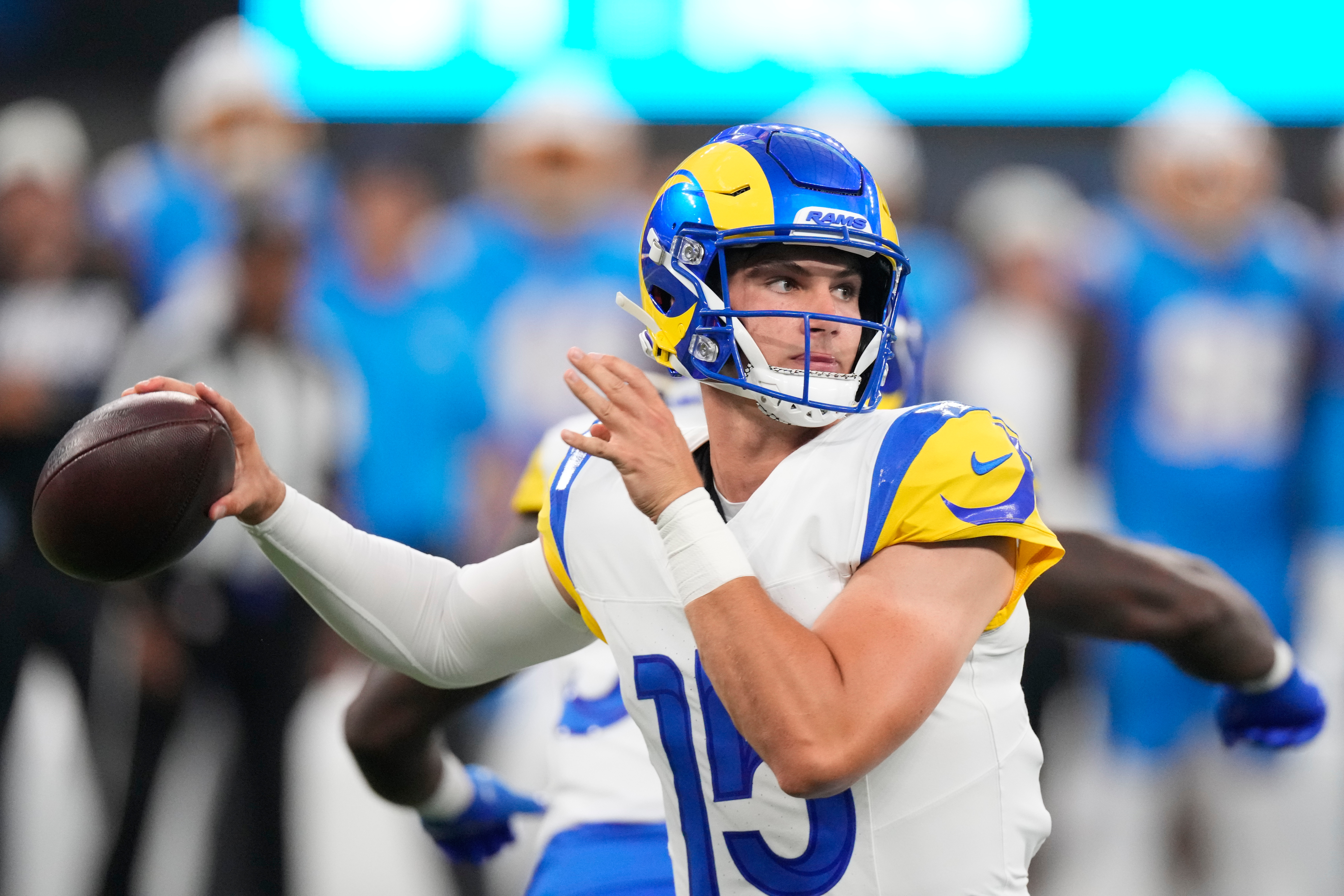 Los Angeles Rams quarterback Ty Simpson throws a pass during the first half of an NFL preseason football game against the Los Angeles Chargers Thursday, Aug. 27, 2026, in Inglewood, Calif. 