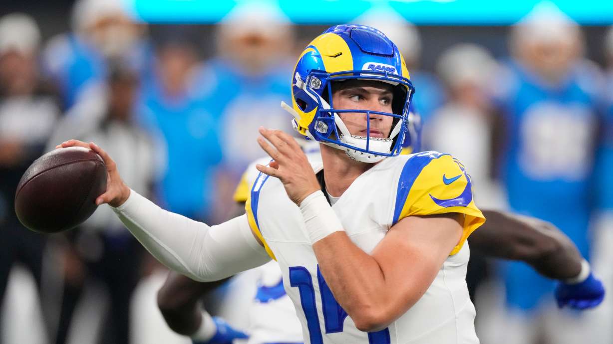 Los Angeles Rams quarterback Ty Simpson throws a pass during the first half of an NFL preseason football game against the Los Angeles Chargers Thursday, Aug. 27, 2026, in Inglewood, Calif.