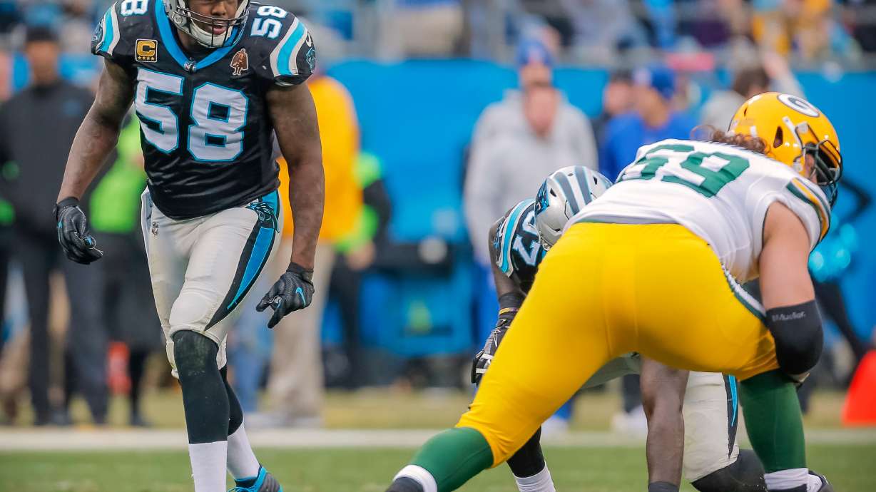 FILE - Carolina Panthers' Thomas Davis (58) waits for the snap during the second half of an NFL football game against and the Green Bay Packers in Charlotte, N.C., Dec. 17, 2017.