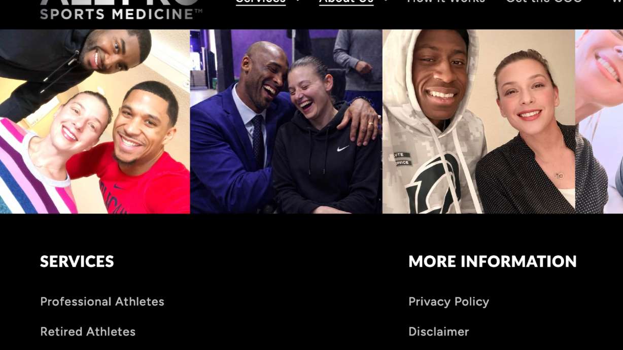 This image shows part of Joan Rubinger’s All Pro Sports Medicine website in August 2026, displaying social media photos of her with several celebrity athletes.
