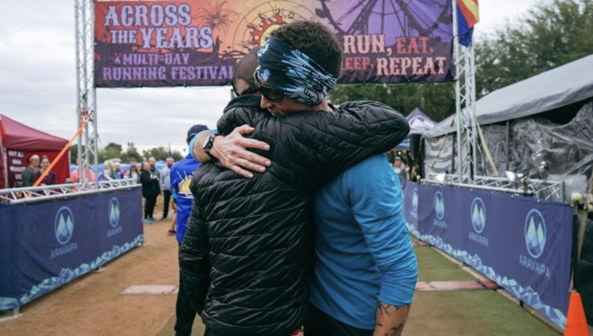Jeff Browning and Mike McKnight embrace after McKnight competes an ultra-distance race.

Browning recently suffered a heart attack while competing in the TDS race at UTMB near Chamonix, France.