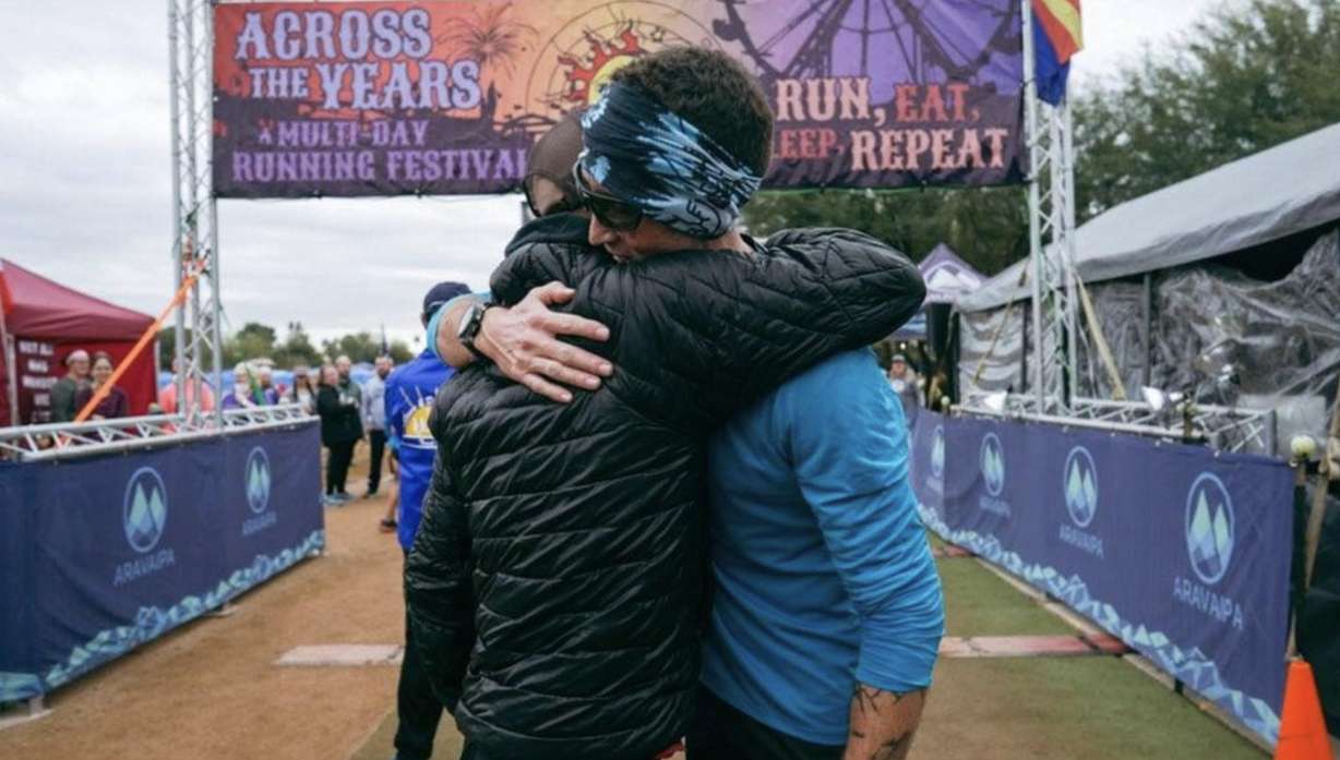Jeff Browning and Mike McKnight embrace after McKnight competes an ultra-distance race.
Browning recently suffered a heart attack while competing in the TDS race at UTMB near Chamonix, France.
