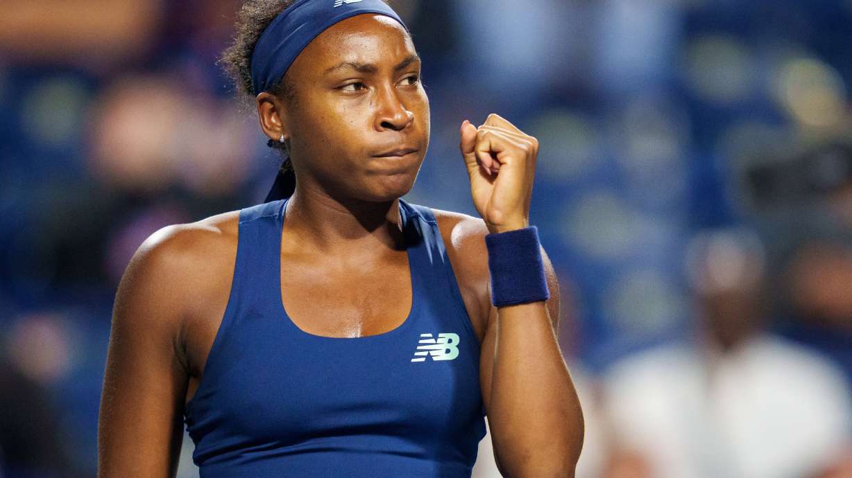 Coco Gauff of the United States celebrates in a match against Elena Rybakina of Kazakhstan during a National Bank Open semifinal tennis match in Toronto, Wednesday, August 12, 2026.