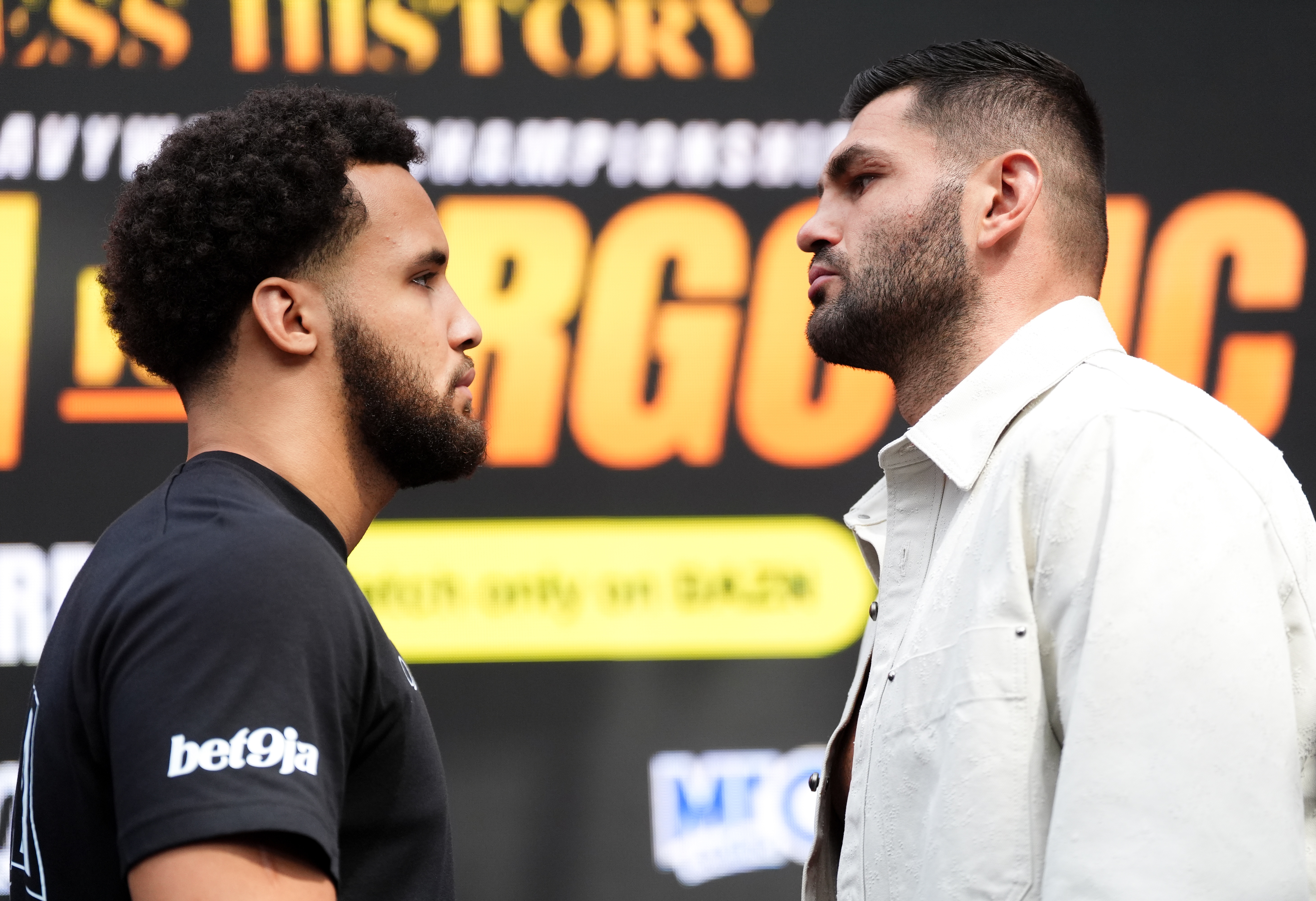 Boxers Filip Hrgovic, right, and Moses Itauma pose following a press conference, Thursday Aug. 27, 2026, in London, ahead of the IBF heavyweight championship bout. 