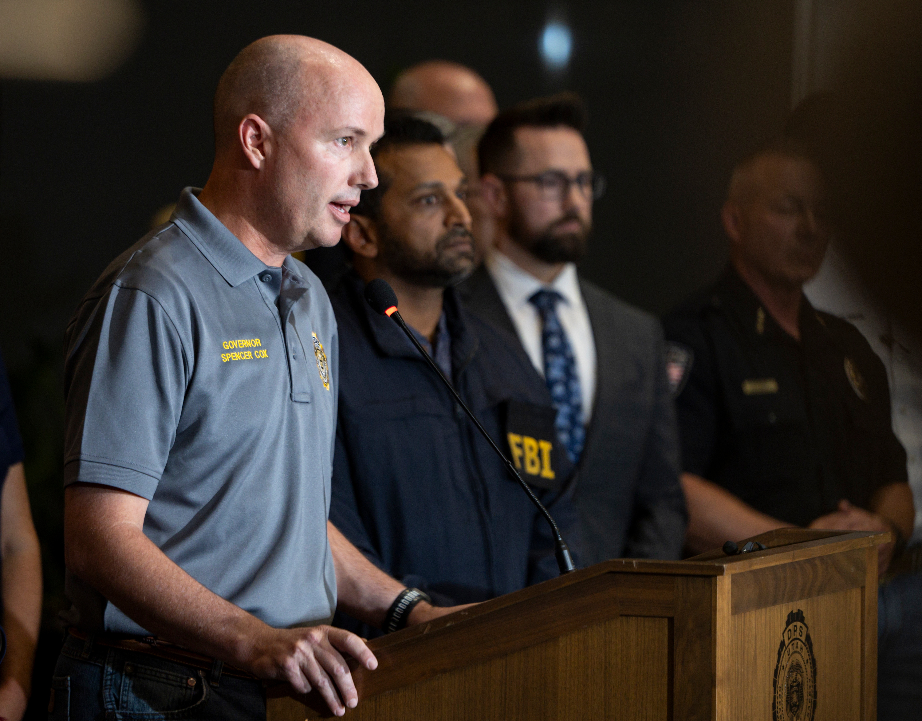 Utah Gov. Spencer Cox, speaks during a press conference while joined by Beau Mason, commissioner of the Utah Department of Public Safety, FBI Director Kash Patel, and others about the shooting death of Charlie Kirk at Utah Valley University in Orem on Sept. 11, 2025.