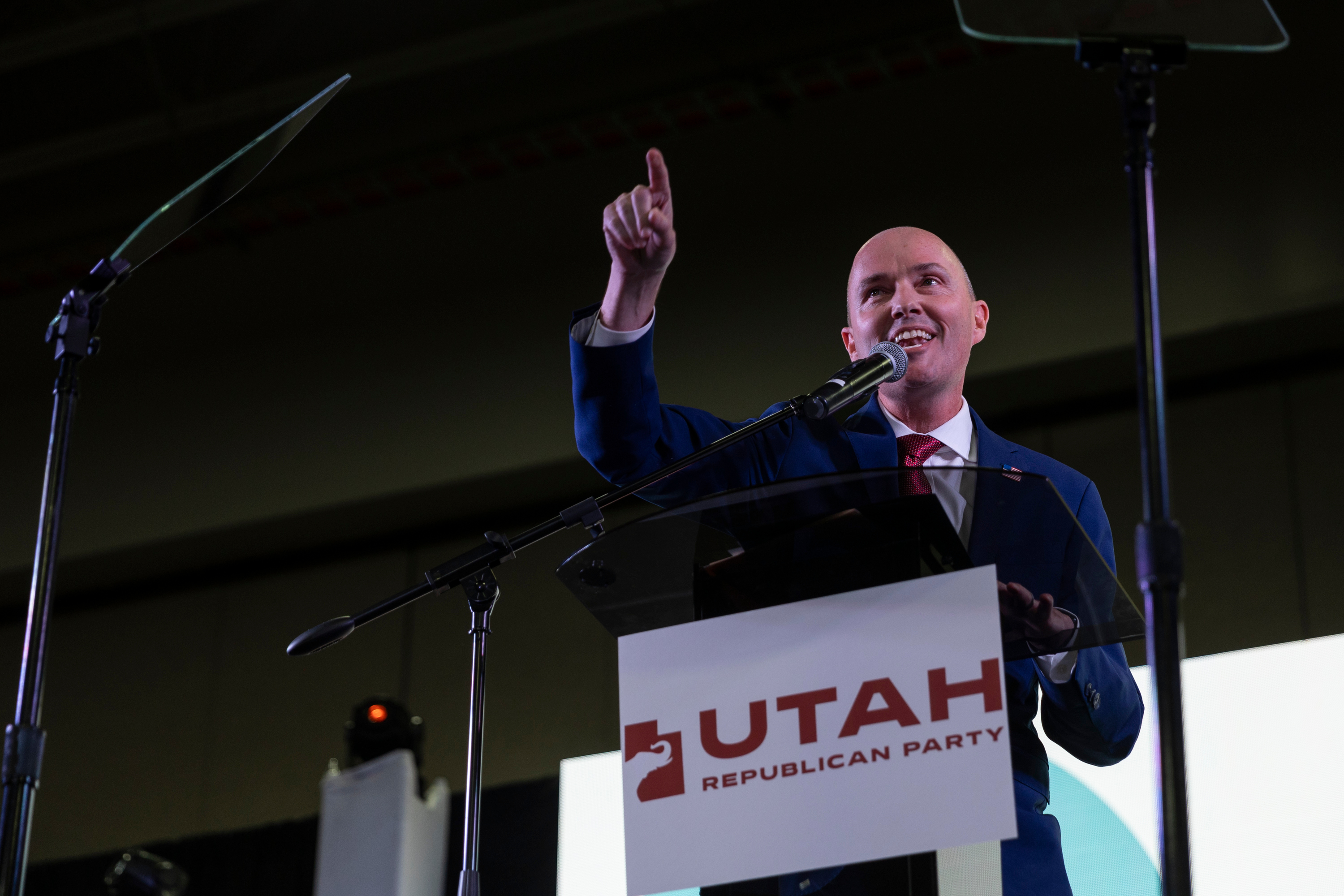 Utah Gov. Spencer Cox, candidate for governor, speaks during the Utah Republican Party state nominating convention at the Salt Palace Convention Center in Salt Lake City on April 27, 2024.
