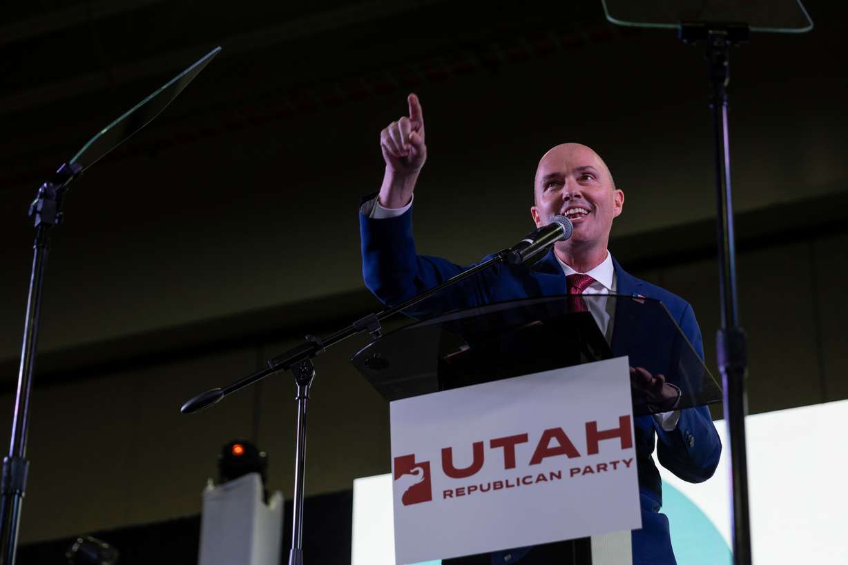 Utah Gov. Spencer Cox, candidate for governor, speaks during the Utah Republican Party state nominating convention at the Salt Palace Convention Center in Salt Lake City on April 27, 2024.