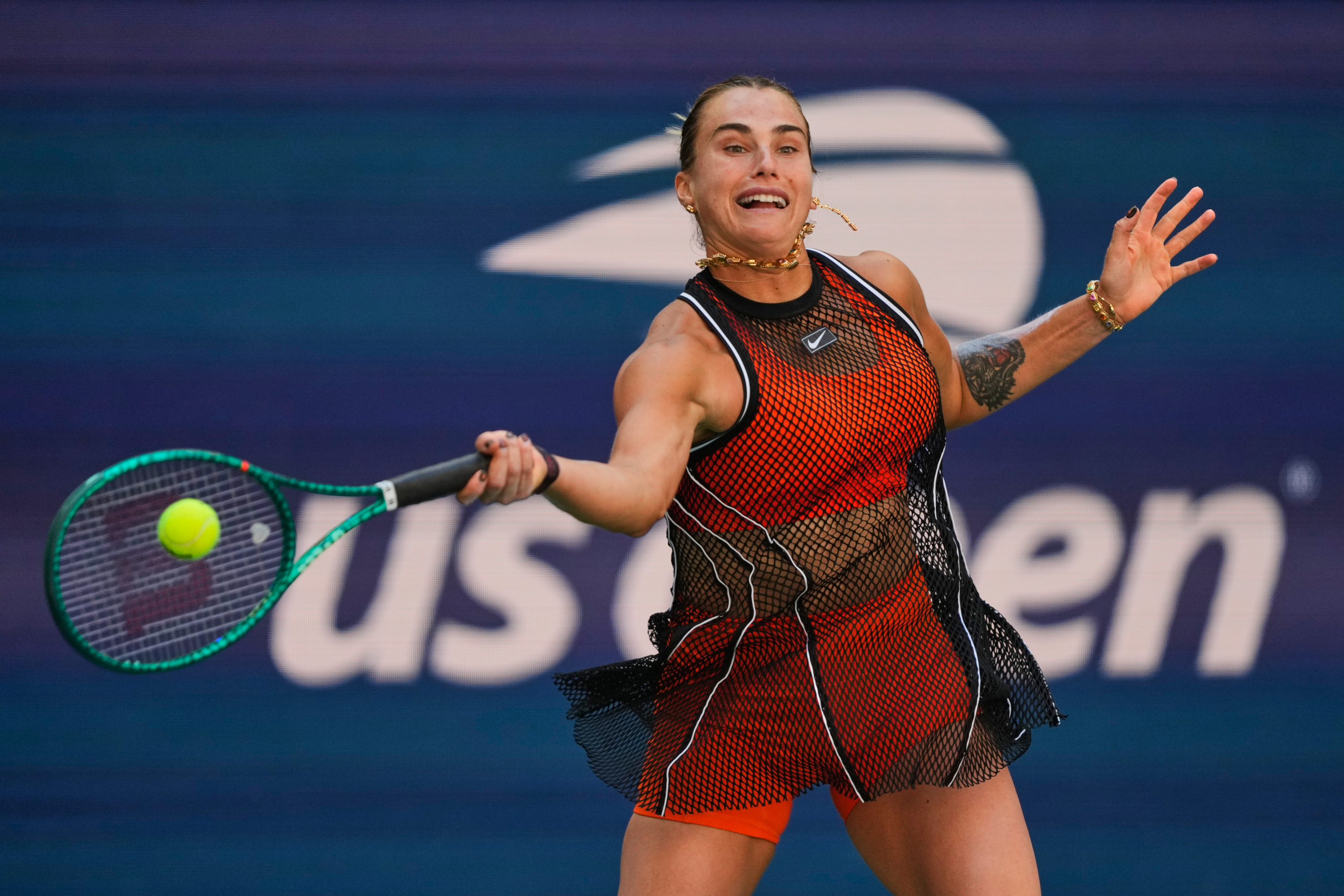 Aryna Sabalenka, of Belarus, returns the ball during a mixed doubles match at the U.S. Open tennis championships, Tuesday, Aug. 25, 2026, in New York. 