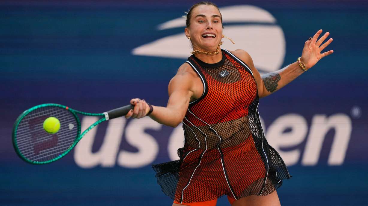Aryna Sabalenka, of Belarus, returns the ball during a mixed doubles match at the U.S. Open tennis championships, Tuesday, Aug. 25, 2026, in New York.