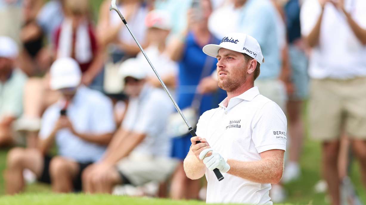 Ryan Gerard plays a shot from a bunker on the 18th hole during the second round of the Tour Championship golf tournament, Friday, Aug. 28, 2026, in Atlanta.