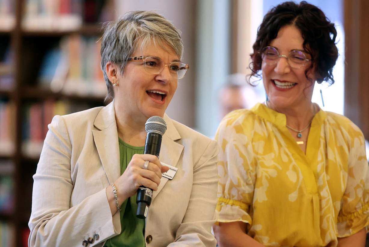 Molly Hart, Utah State Board of Education superintendent of public instruction, and Rebecca Dutson, The Children's Center president and CEO, speak on a panel on early literacy during the launch of Utah Reads, a statewide early literacy initiative, at the Sprague branch of the Salt Lake City Public Library in Salt Lake City on Aug. 28.