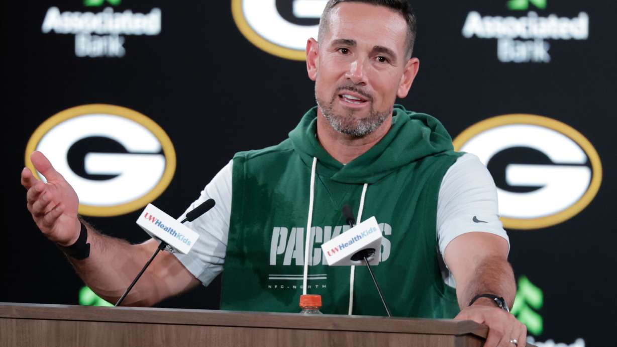 Green Bay Packers head coach Matt LaFleur talks after a preseason NFL football game against the Arizona Cardinals Friday, Aug. 28, 2026, in Green Bay, Wis.