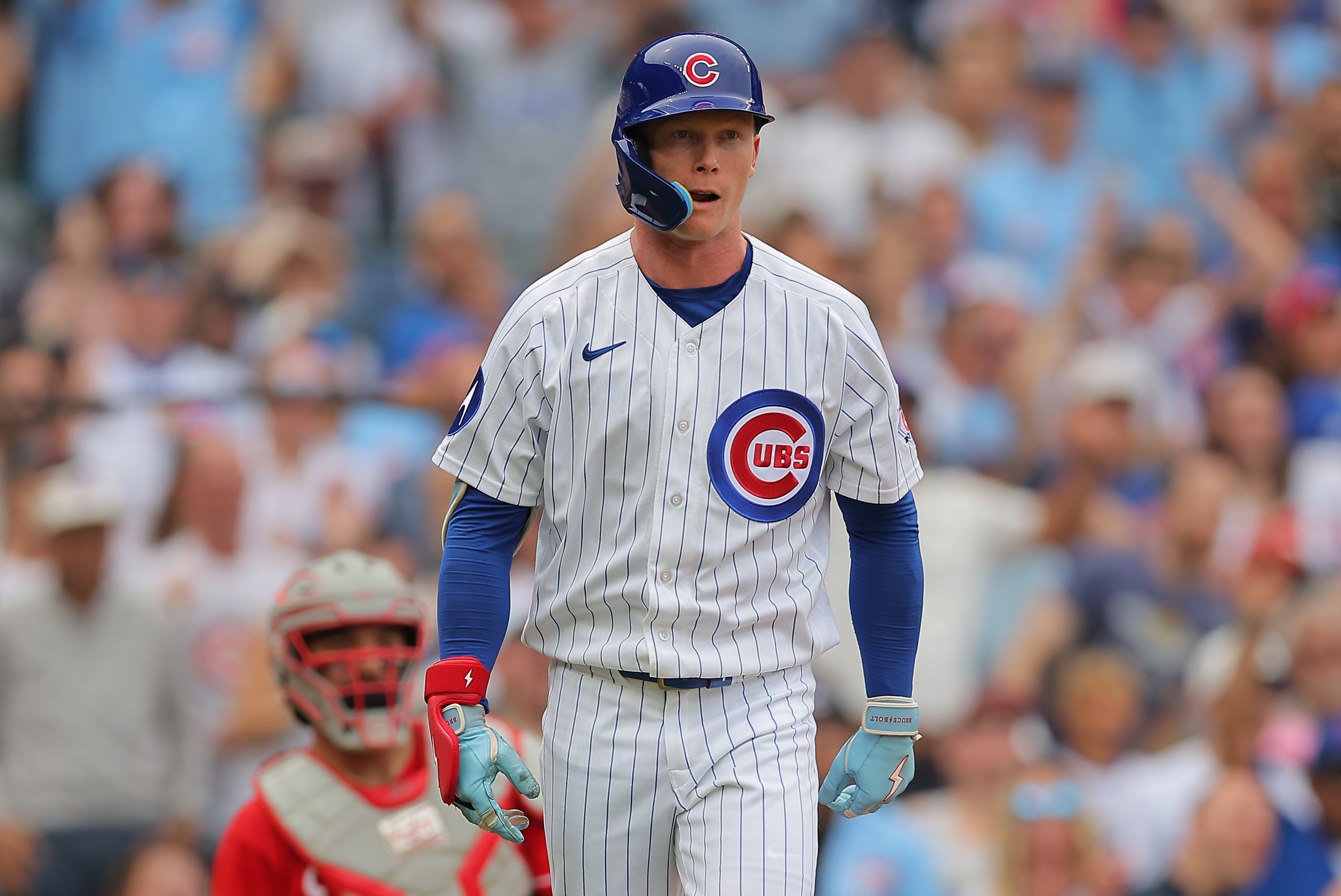 Chicago Cubs' Pete Crow-Armstrong watches his two-run home run during the second inning of a baseball game against the Cincinnati Reds, Saturday, Aug. 29, 2026, in Chicago. 
