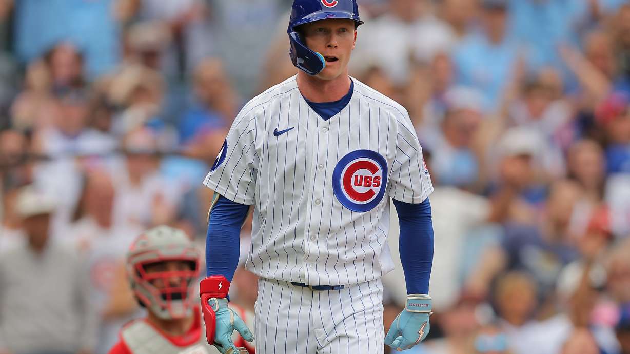 Chicago Cubs' Pete Crow-Armstrong watches his two-run home run during the second inning of a baseball game against the Cincinnati Reds, Saturday, Aug. 29, 2026, in Chicago.