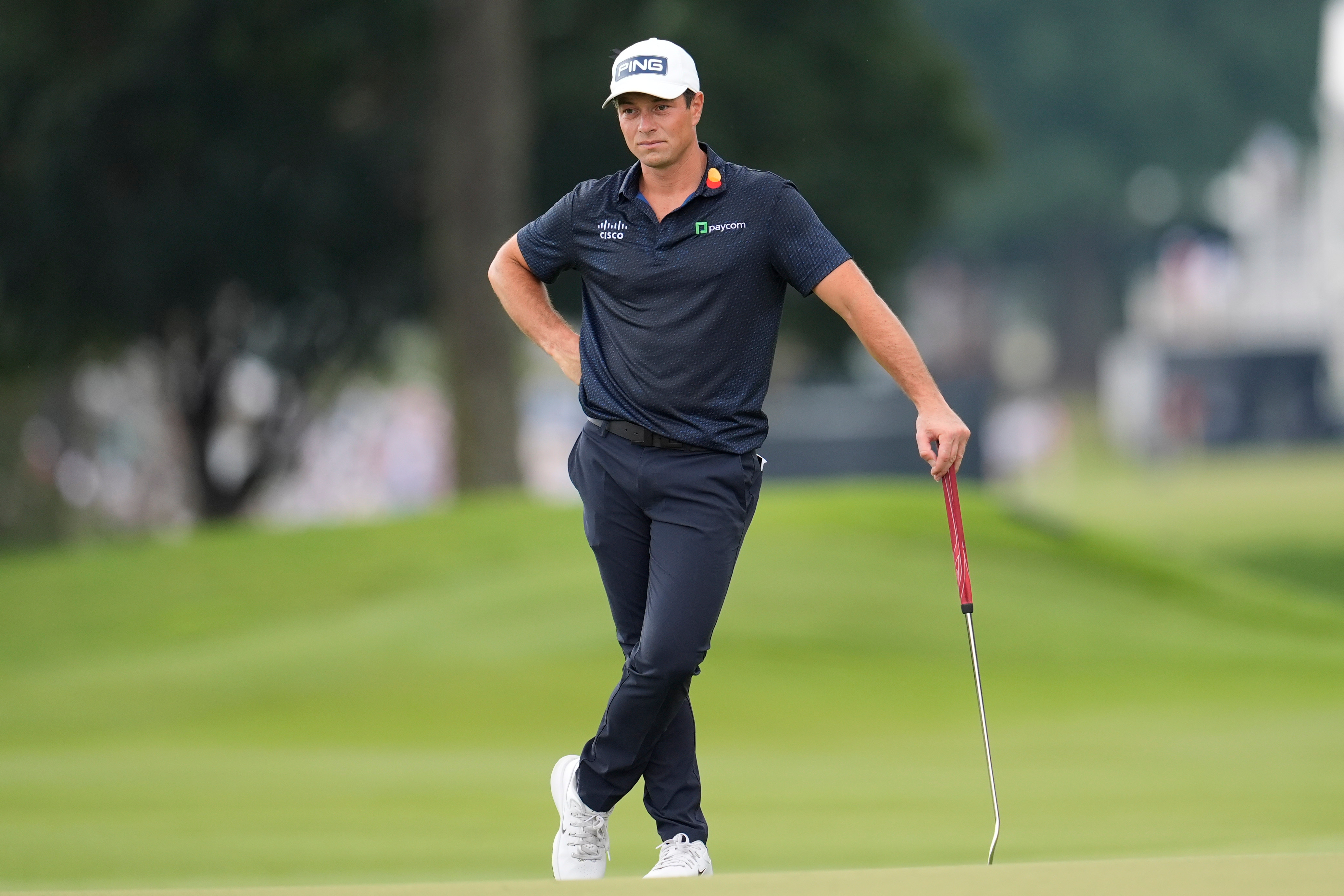 Viktor Hovland, of Norway, waits to putt on the first green during the third round of the PGA Tour Championship golf tournament, Saturday, Aug 29, 2026, in Atlanta.