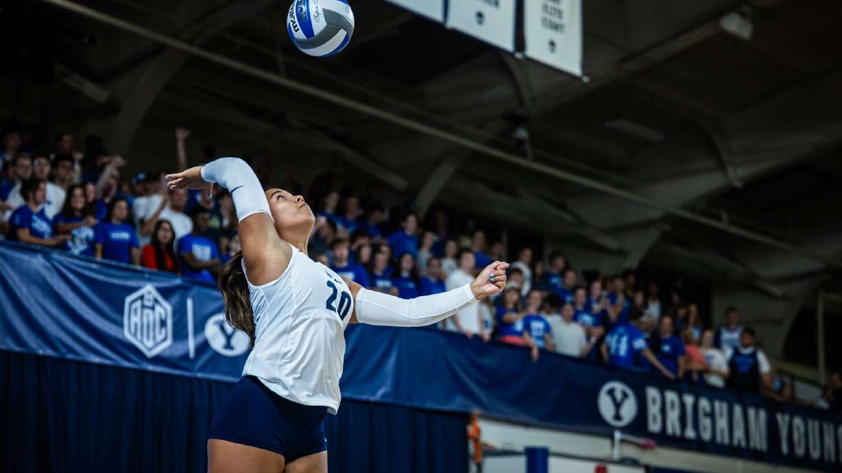 BYU setter Kaylie Kofe serves during an exhibition match against Utah Tech, Saturday, Aug. 22, 2026 at the Smith Fieldhouse in Provo, Utah.