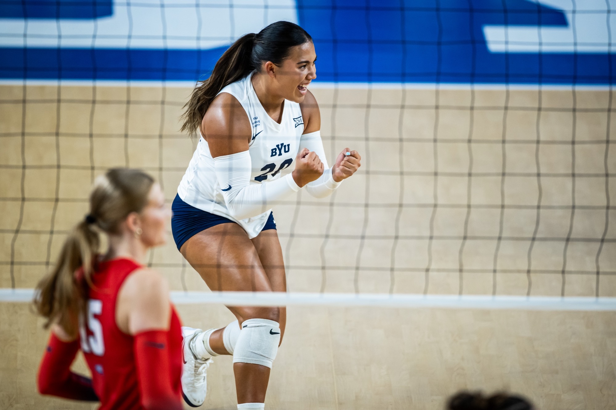 BYU setter Kaylie Kofe celebrates a point during an exhibition match against Utah Tech, Saturday, Aug. 22, 2026 at the Smith Fieldhouse in Provo, Utah.