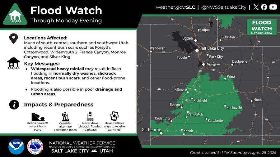 A flood watch was issued by the National Weather Service for most of southern Utah on Saturday.
