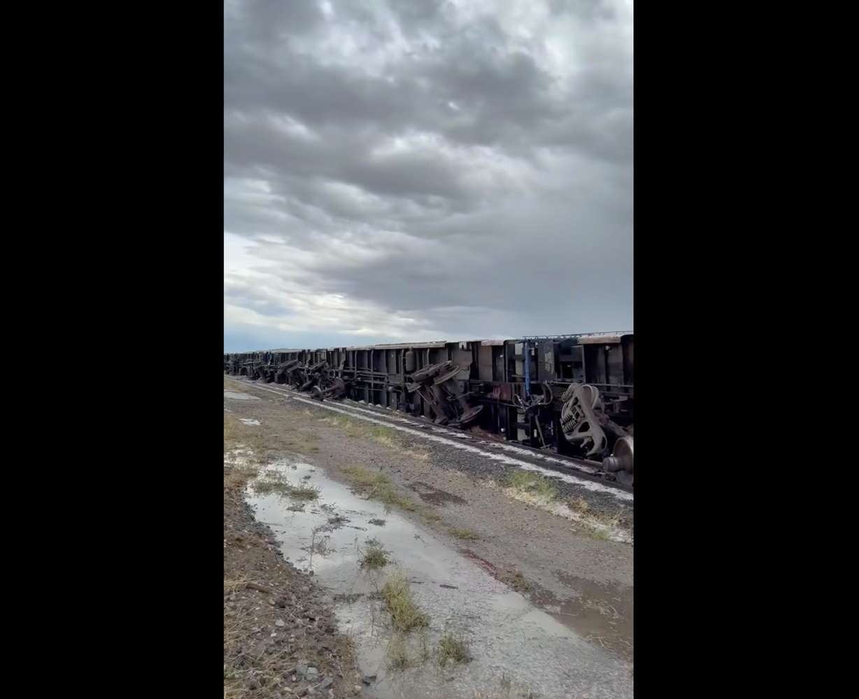 Following strong winds during a storm in Millard County, 34 train cars flipped over off the tracks outside Lynndyl on Saturday.