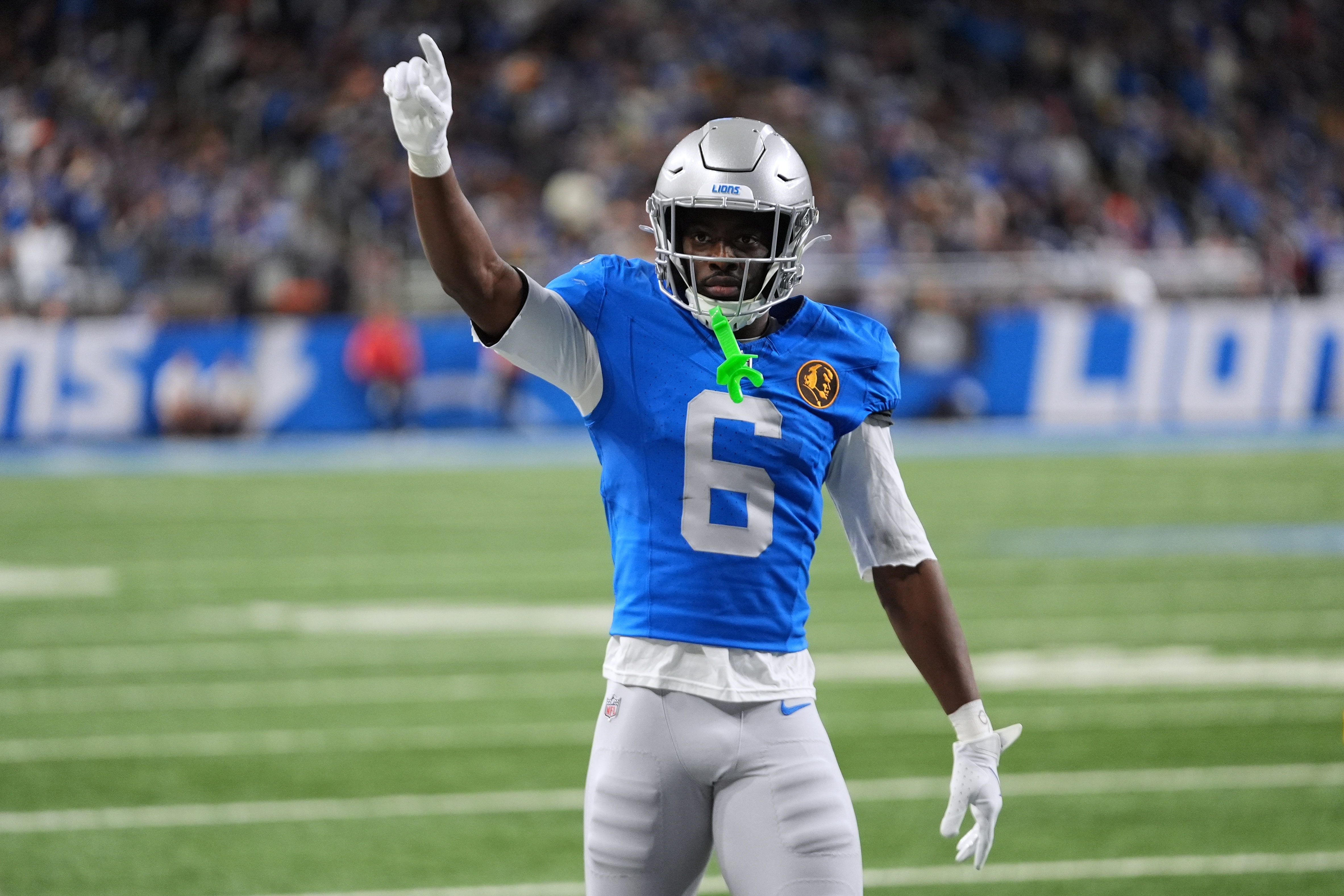 FILE - Detroit Lions cornerback Terrion Arnold reacts to a play against the Green Bay Packers during an NFL football game in Detroit, Nov. 27, 2025. 