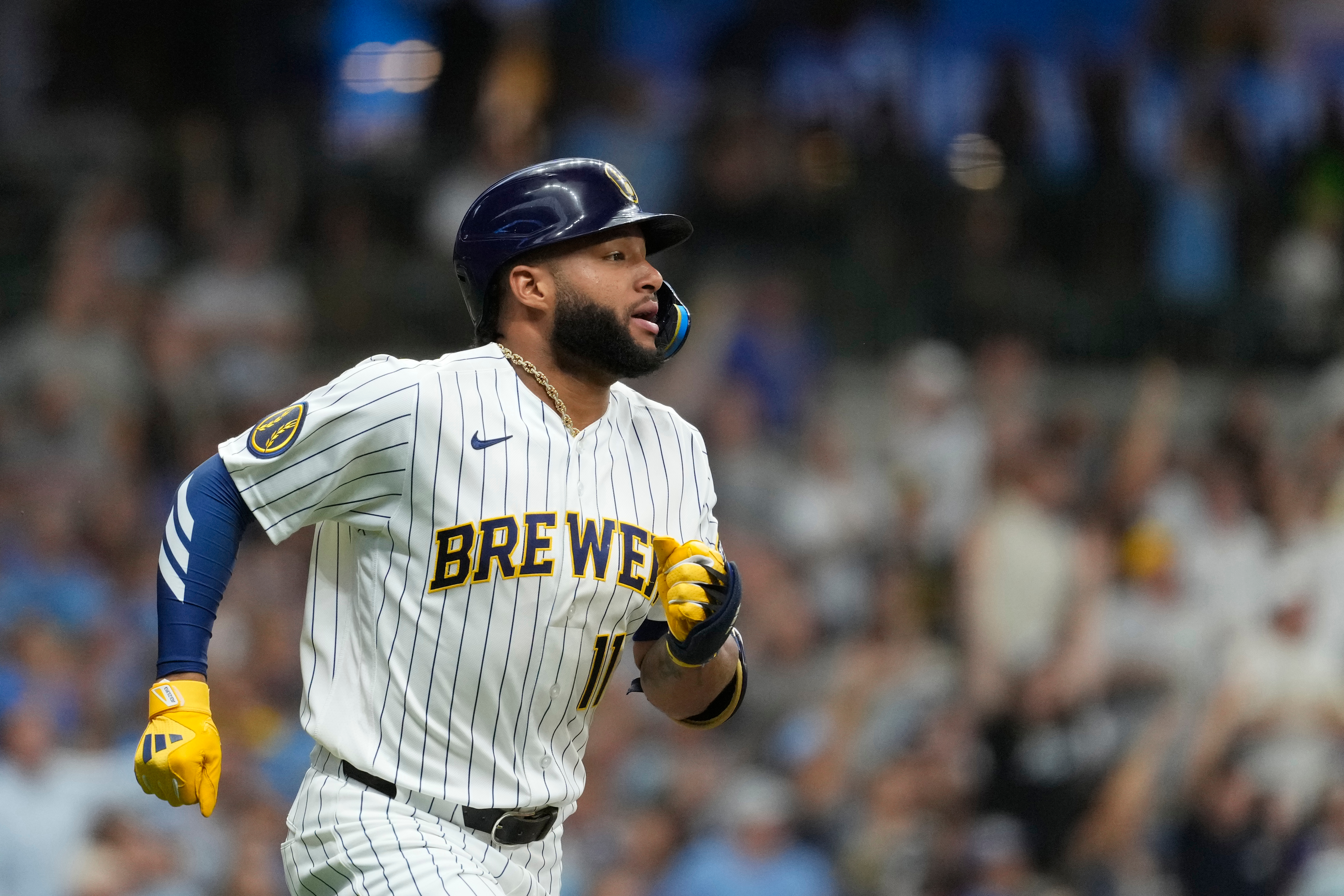 Milwaukee Brewers' Jackson Chourio rounds the bases after hitting a solo home run during the first inning of a baseball game against the Texas Rangers, Saturday, Aug. 29, 2026, in Milwaukee. 