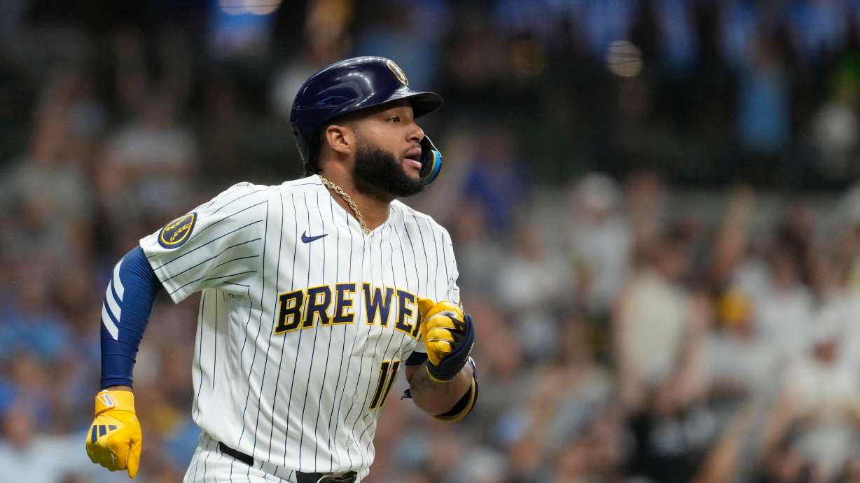 Milwaukee Brewers' Jackson Chourio rounds the bases after hitting a solo home run during the first inning of a baseball game against the Texas Rangers, Saturday, Aug. 29, 2026, in Milwaukee.