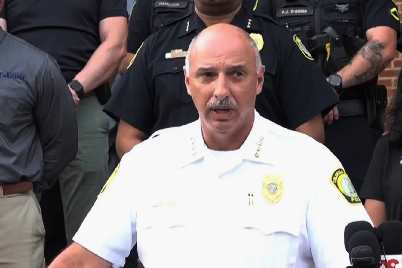 In this image made from video provided by WLTX News19, Columbia police Chief W.H. “Skip” Holbrook speaks during a news conference about a shooting that killed one of the department’s officers and injured at least one other, in Columbia, S.C., Saturday, Aug. 29, 2026. 