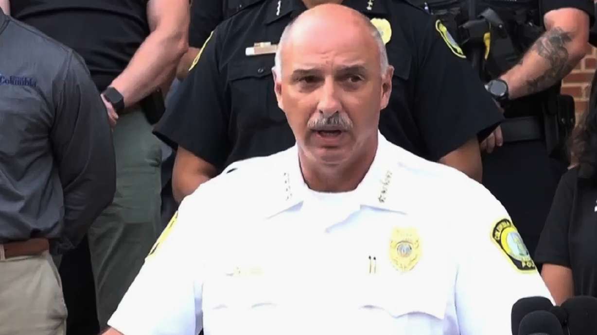 In this image made from video provided by WLTX News19, Columbia police Chief W.H. “Skip” Holbrook speaks during a news conference about a shooting that killed one of the department’s officers and injured at least one other, in Columbia, S.C., Saturday, Aug. 29, 2026.