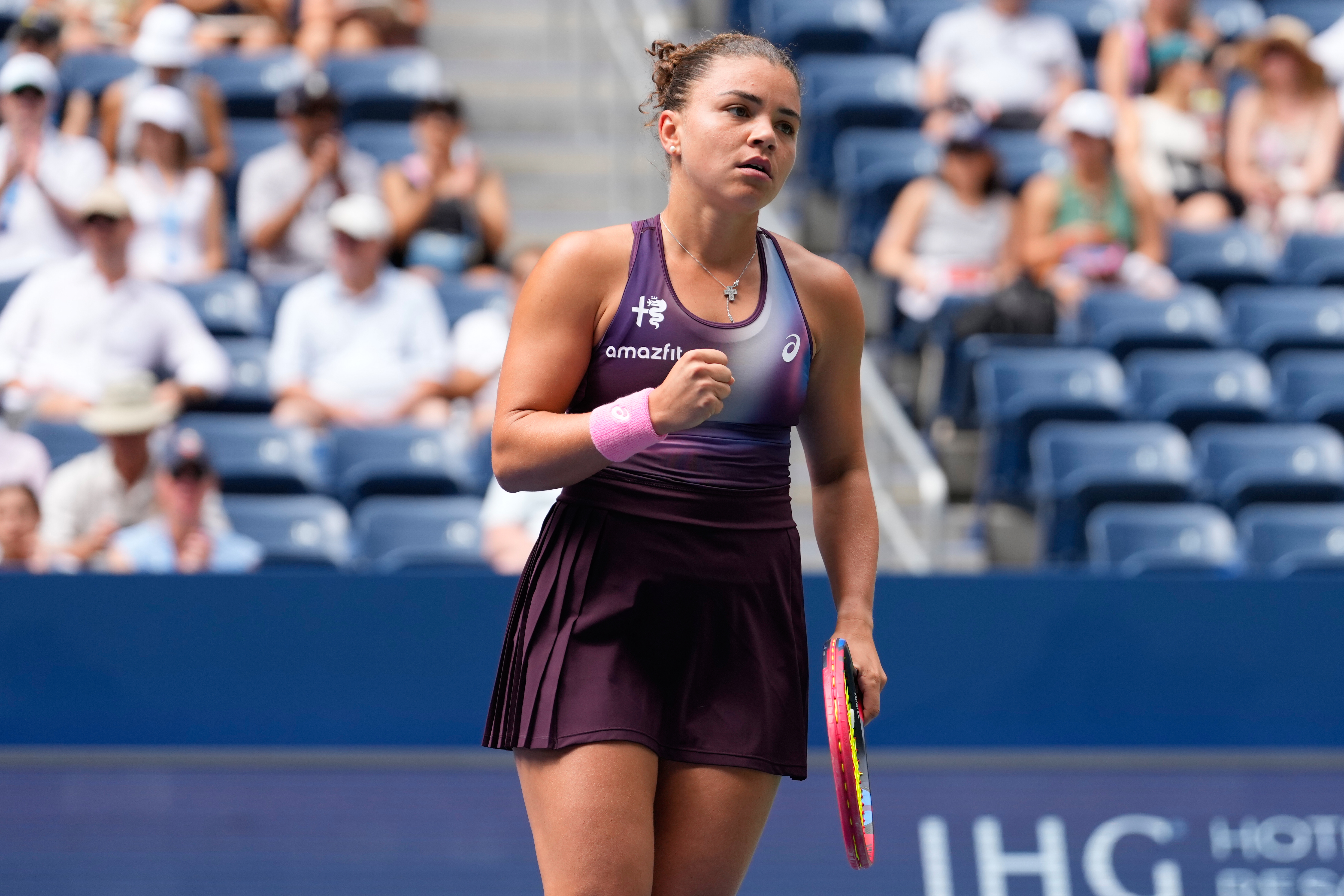 Jasmine Paolini, of Italy, reacts during the first round of the U.S. Open tennis championships against Veronika Erjavec, of Slovenia, Sunday, Aug. 30, 2026, in New York.