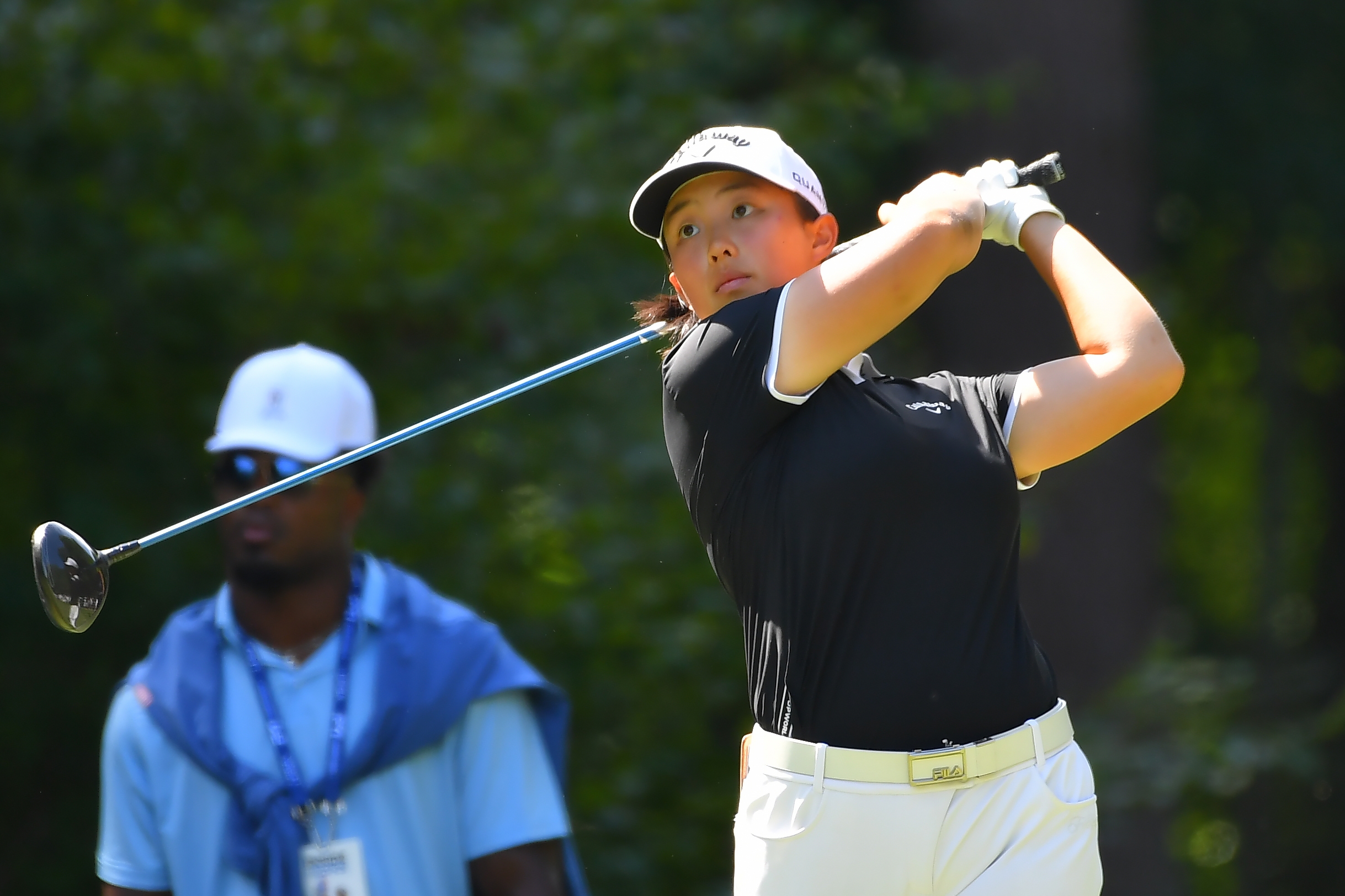 Ruoning Yin, of China, hits off the 2nd tee during the fourth round of the LPGA FM Championship golf tournament, Sunday, Aug. 30, 2026, in Norton, Mass. 