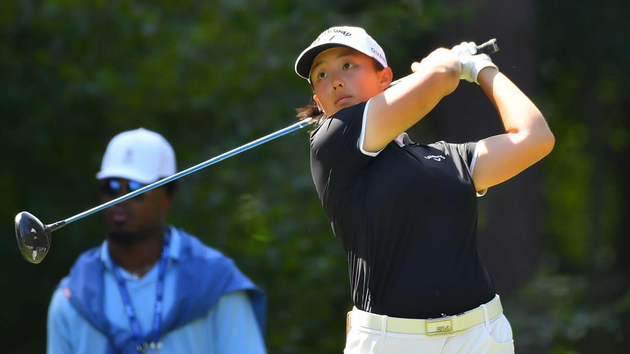 Ruoning Yin, of China, hits off the 2nd tee during the fourth round of the LPGA FM Championship golf tournament, Sunday, Aug. 30, 2026, in Norton, Mass.