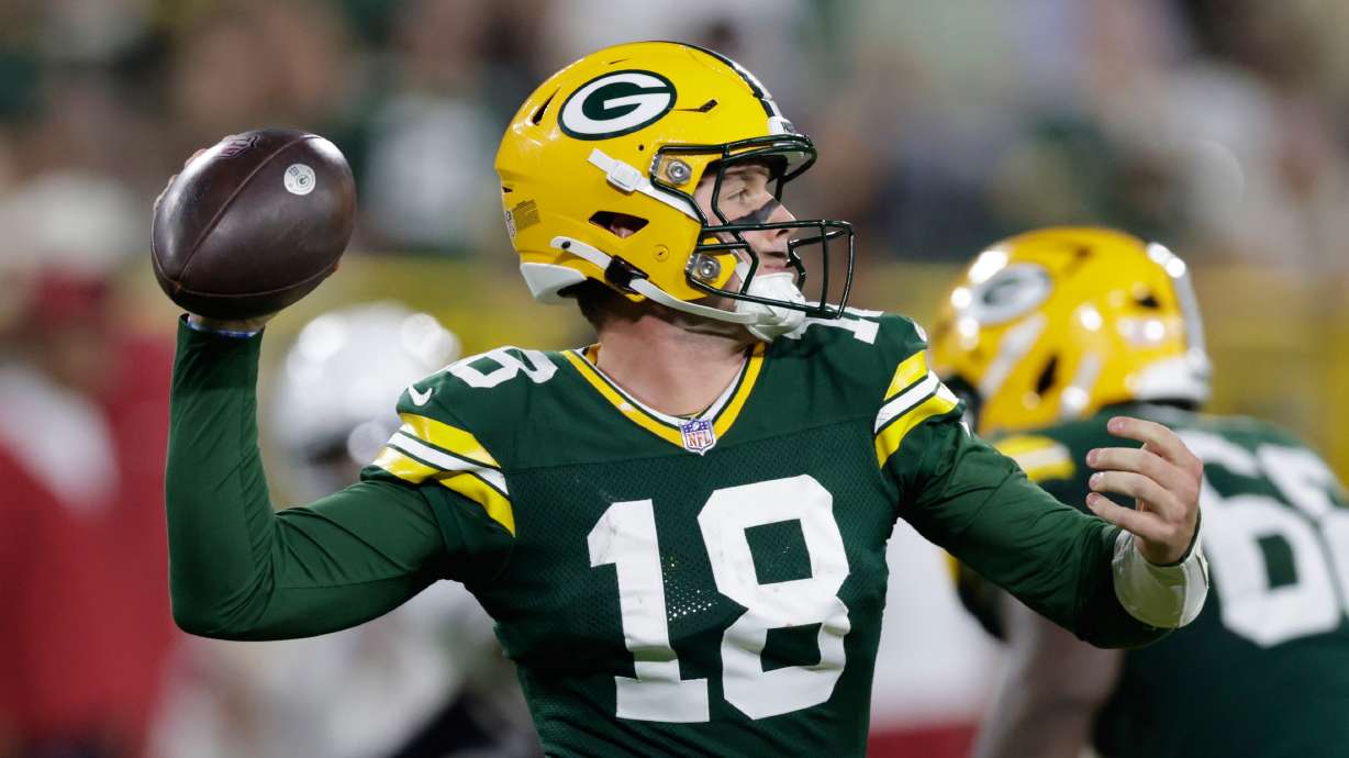 Green Bay Packers' Kyle McCord throws during the second half of a preseason NFL football game against the Arizona Cardinals Friday, Aug. 28, 2026, in Green Bay, Wis.