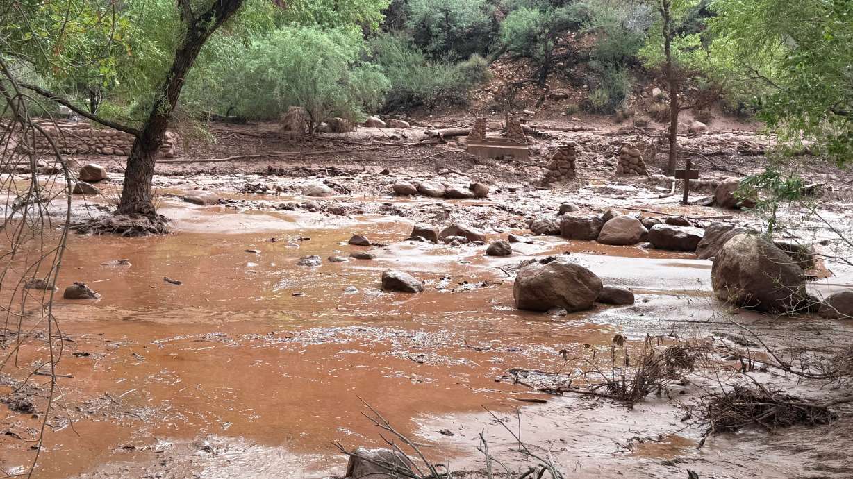 This photo provided by the National Park Service shows remnants of stone bridge pylons along Bright Angel Creek in the Grand Canyon following a flash flood that destroyed the footbridge, Saturday, Aug. 29, 2026.