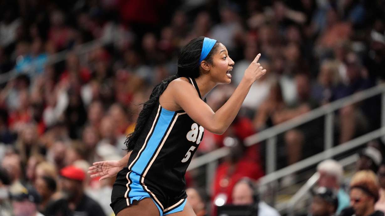 Atlanta Dream forward Angel Reese (5) reacts in the second half of an WNBA basketball game Sunday, Aug. 16, 2026, in Atlanta.