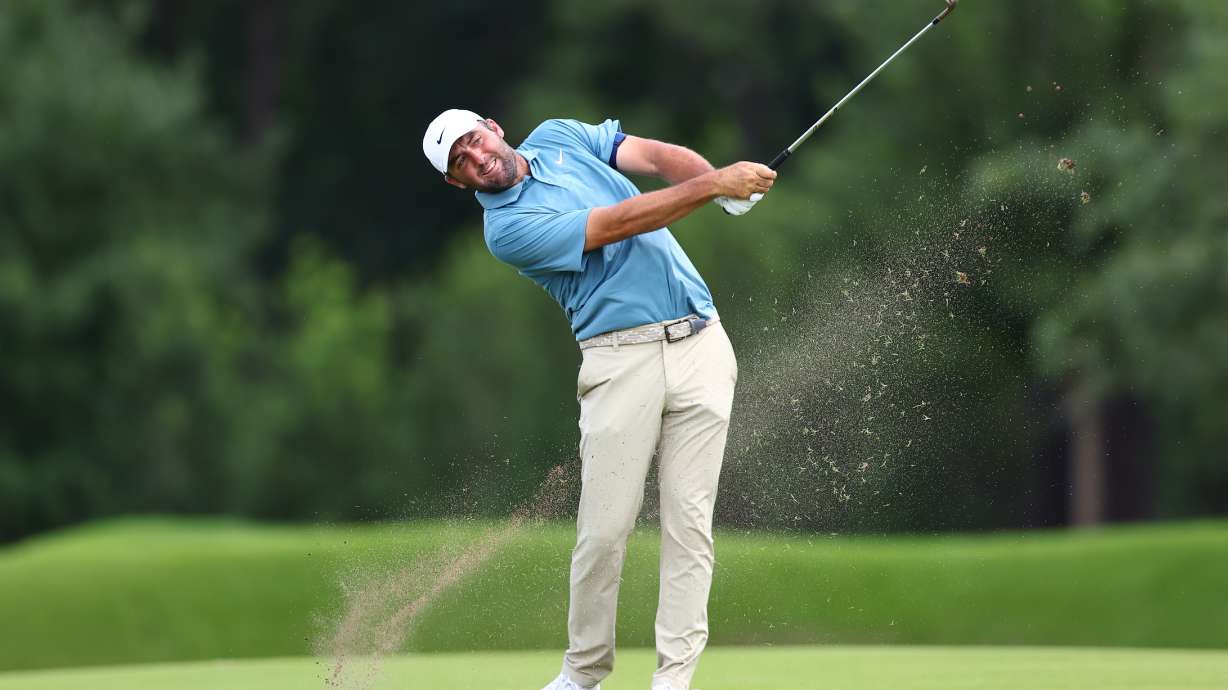 Scottie Scheffler hits from the seventh fairway during the final round of the PGA Tour Championship golf tournament Sunday, Aug. 30, 2026, in Atlanta.